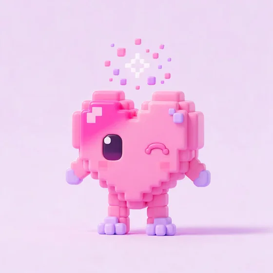 Bitsy, a cute pixel-styled pink heart sprite character with soft rounded pixels, mascot for a kids coding club