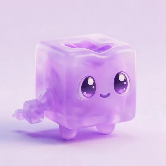 Blocky, a cute translucent pastel-purple crystal cube character with a chain of two smaller linked cubes like a tail, mascot for a crypto app