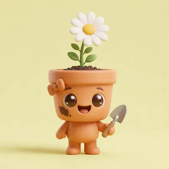 Bloomy, a cute terracotta flower-pot character with one big daisy sprouting from her head, mascot for a landscaper & gardens
