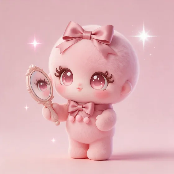 Blush, a cute fluffy pink powder-puff character with a satin ribbon band, mascot for a beauty salon