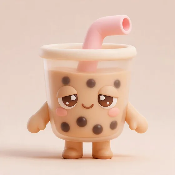 Boba, a cute translucent milk-tea cup character with floating dark boba pearls like polka dots, mascot for a bubble tea shop