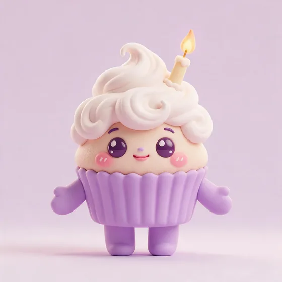 Buttercup, a cute pastel cupcake character in a lilac wrapper with a tall swirl of white frosting like a hairdo, mascot for a cupcake bakery