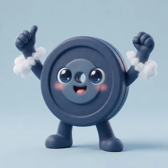 Crunch, a cute round navy bumper-plate character with a white centre hub face, mascot for a crossfit box