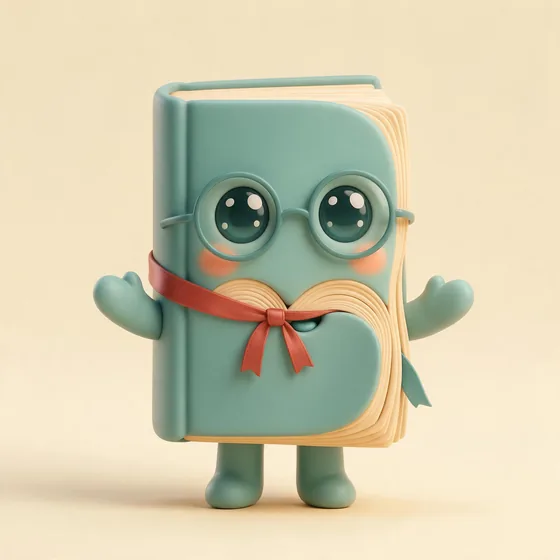 Dusty, a cute cozy teal hardback-book character with a red ribbon bookmark scarf, mascot for a bookstore