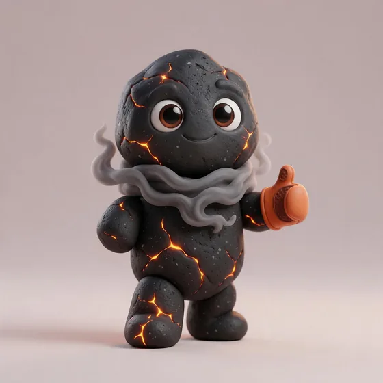 Ember, a cute rounded charcoal-briquette character with a warm orange glow in his cracks, mascot for a BBQ smokehouse