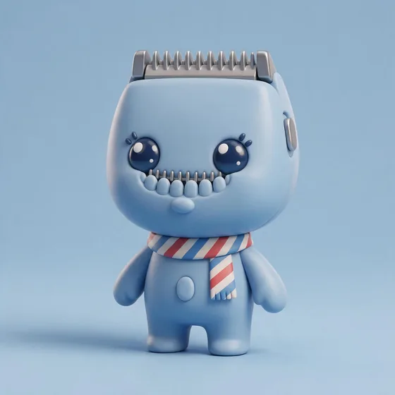 Fade, a cute rounded chrome hair-clipper character with a soft blue body, mascot for a barbershop