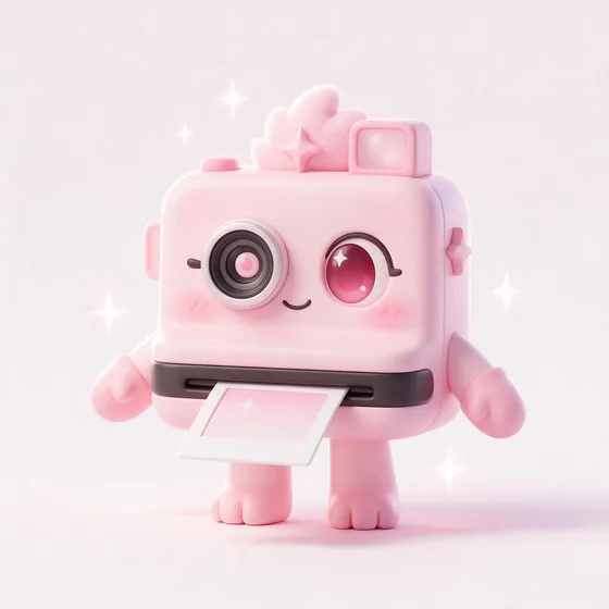 Flash, a cute retro pastel-pink instant-camera character with a lens as a winking eye, mascot for a photography studio