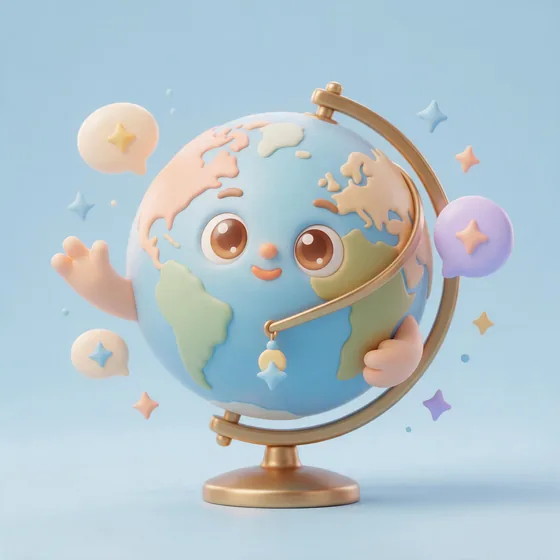 Globey, a cute pastel desk-globe character with soft continent shapes, mascot for a language school