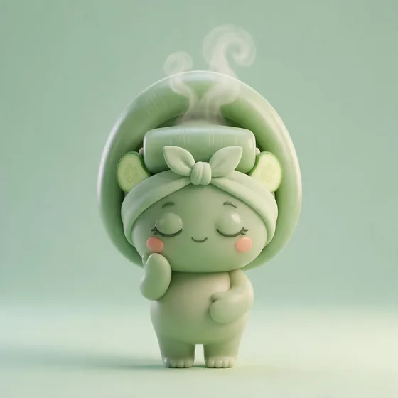 Glow, a cute jade-green facial-roller character with the roller as a cozy hood, mascot for a spa & facials