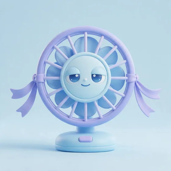 Gusty, a cute round pastel desk-fan character with soft blade petals like a flower, mascot for a HVAC & aircon