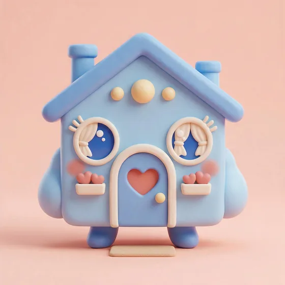 Haven, a cute small pastel-blue house character with a heart-shaped coral door as her mouth area, mascot for a real estate agency