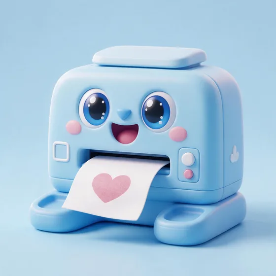 Jetty, a cute compact pastel-blue printer character with a page coming out like a tongue showing a heart print, mascot for a print shop
