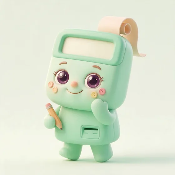 Tally, a cute mint-green calculator character with button freckles, mascot for a accounting firm