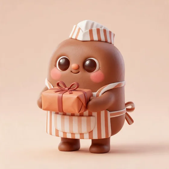 Loafie, a cute round brown loaf-shaped character in a striped butcher's apron and paper hat, mascot for a butcher & deli counter