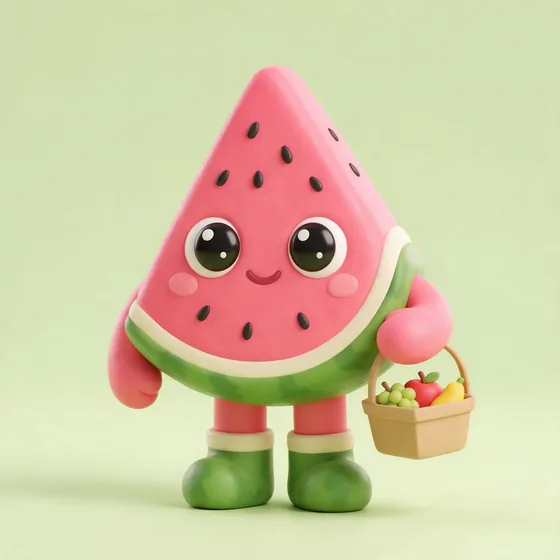 Melon, a cute watermelon-wedge character with a bright pink face, mascot for a greengrocer & farmers market