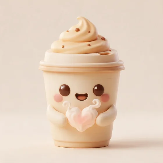 Mocha, a cute cream-coloured takeaway latte cup character with a caramel swirl of foam for hair, mascot for a café