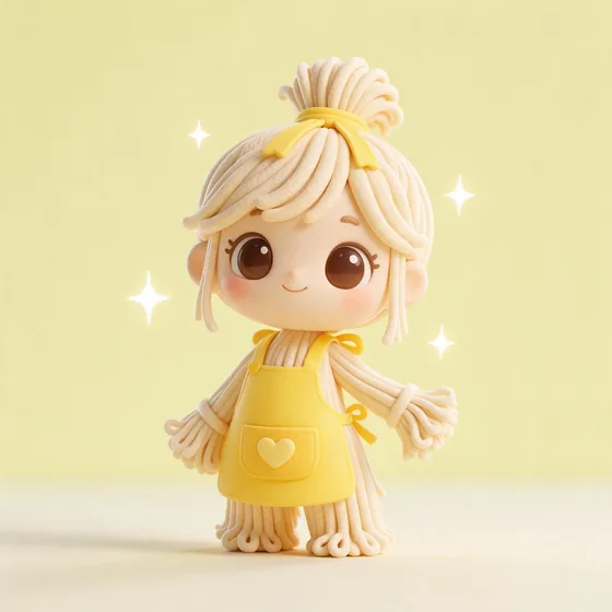 Mopsy, a cute string-mop character with mop strands tied in a topknot, mascot for a cleaning service