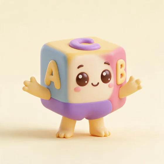 Nook, a cute plush pastel alphabet-block character with rounded corners, mascot for a daycare & preschool