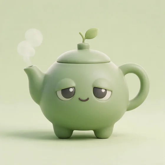 Oolong, a cute plump celadon-green teapot character with a leaf sprout on his lid, mascot for a tea house