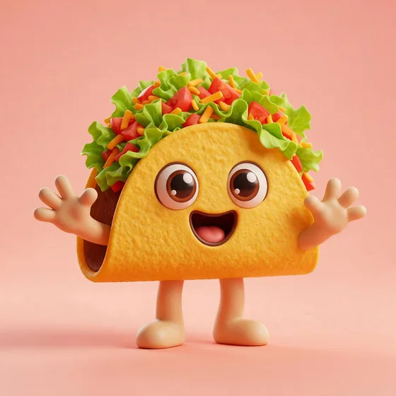 Pico, a cute golden taco shell character with lettuce, mascot for a taco stand