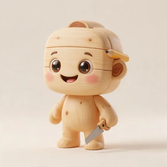Planky, a cute pine-plank character with visible friendly wood grain, mascot for a carpenter & joinery