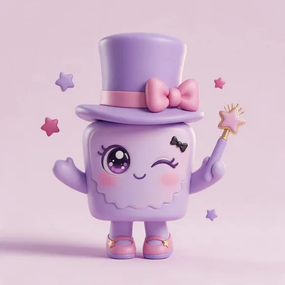 Polish, a cute lilac nail-polish bottle character with the cap as a tall hat, mascot for a nail bar