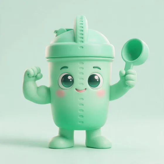 Proto, a cute chunky mint-green protein-shaker character with a flip-cap mohawk, mascot for a protein & supplements