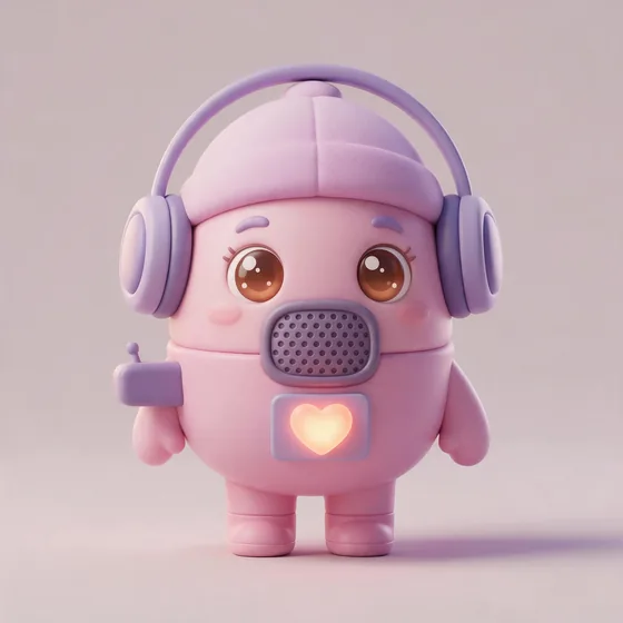 Reel, a cute round pastel microphone character with headphones worn like ears, mascot for a video & podcast studio