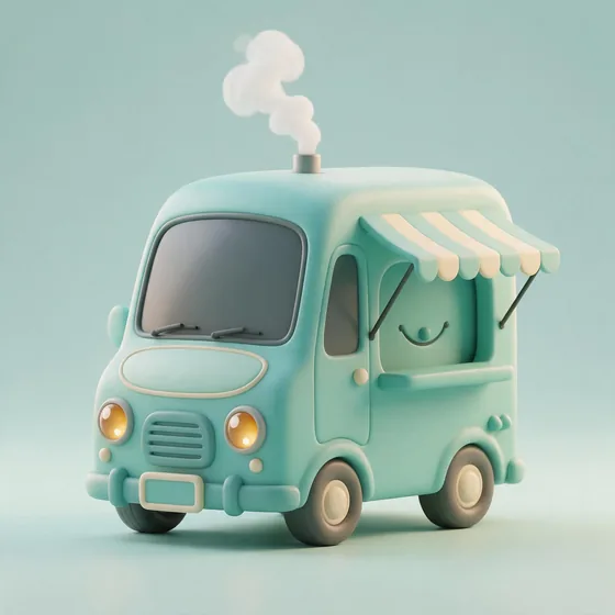 Rollie, a cute mini rounded food-truck character in pastel teal with a striped awning brow, mascot for a food truck