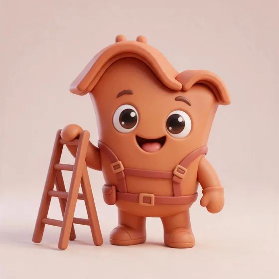 Roofus, a cute rounded terracotta roof-shingle character wearing a tiny safety harness, mascot for a roofer