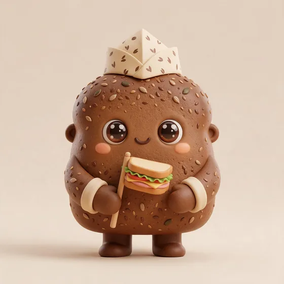 Rye, a cute plump rye-bread loaf character with seeded crust freckles, mascot for a deli & sandwiches