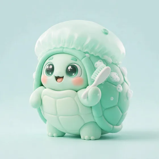 Shellby, a cute mint-green turtle-shell character with a tiny happy head peeking out wearing a shower cap, mascot for a pet grooming (small pets)
