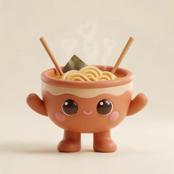 Slurp, a cute round ramen-bowl character with a wavy noodle swirl inside, mascot for a ramen shop