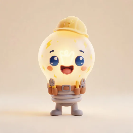Sparky, a cute warm-glow light-bulb character with a tiny hard hat, mascot for a electrician