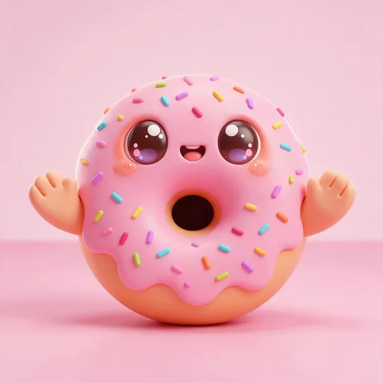 Sprinkle, a cute round pink-frosted donut character with rainbow sprinkles, mascot for a donut shop