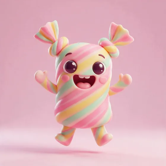 Taffy, a cute twisted pastel-striped taffy candy character with wrapper ends like pigtails, mascot for a candy shop