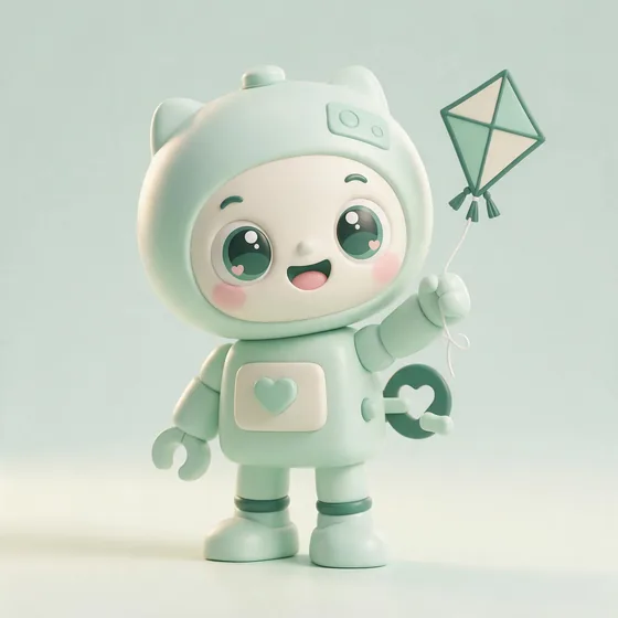 Tinker, a cute pastel mint wind-up robot toy character with a turning key on his back, mascot for a toy shop
