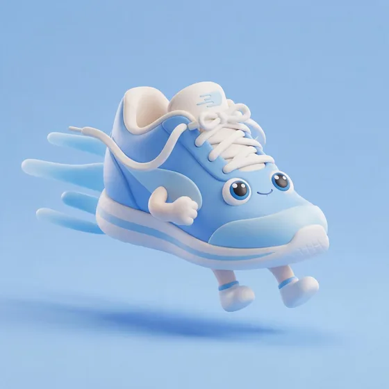 Trax, a cute pastel blue running-shoe character with white laces streaming behind, mascot for a running club
