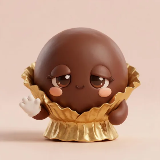 Truffle, a cute round dark-chocolate truffle character with a half-unwrapped gold foil wrapper like a collar, mascot for a chocolate shop