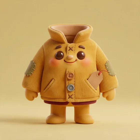 Vinty, a cute mustard corduroy-jacket character with a popped collar, mascot for a thrift & vintage store