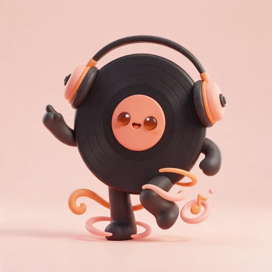 Vinyl, a cute black vinyl-record character with a peach centre label as his face, mascot for a record store