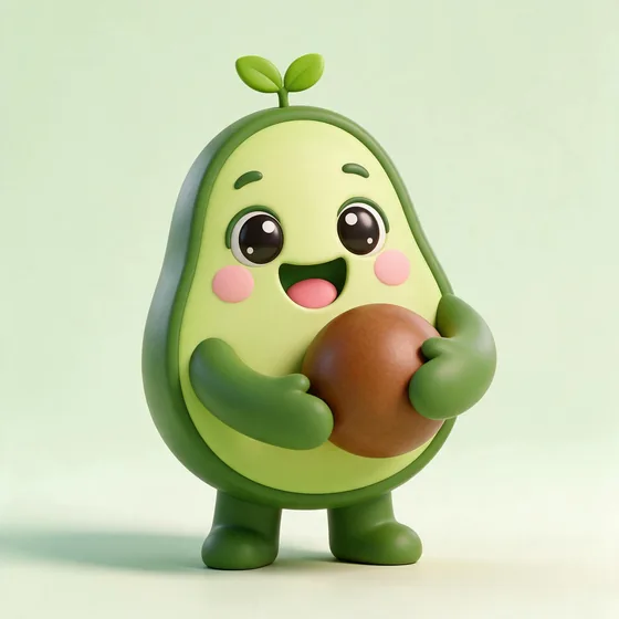 Vita, a cute avocado-half character with a creamy green face, mascot for a health food store