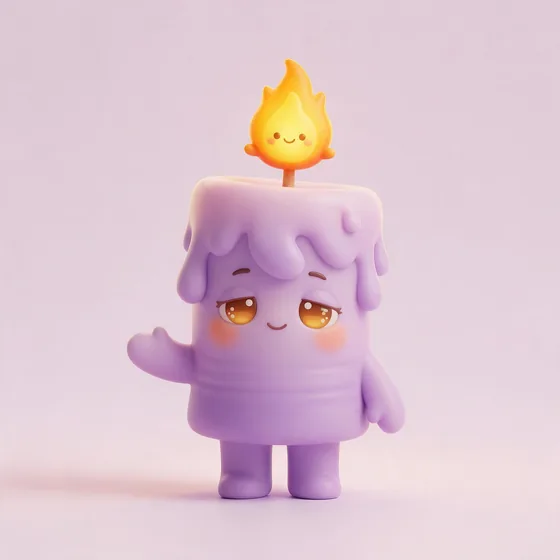 Waxley, a cute lavender pillar-candle character with gentle melting-wax hair, mascot for a candle & gift shop