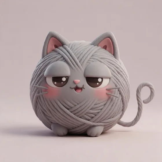 Whiskers, a cute round grey yarn-ball character with cat ears poked up from the strands, mascot for a cat café