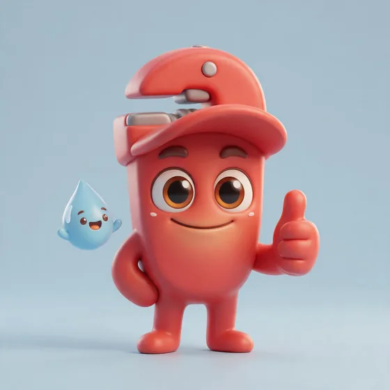 Wrench, a cute rounded red pipe-wrench character with the jaw as a cap brim, mascot for a plumber