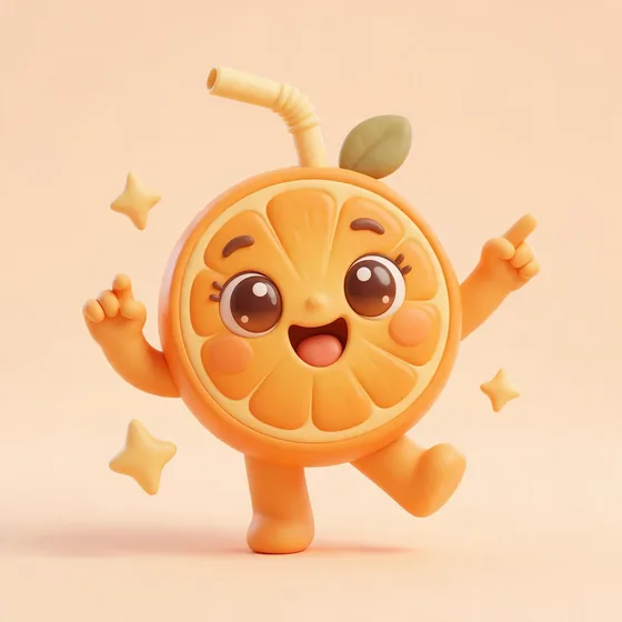 Zesty, a cute halved orange character with a juicy segmented face area, mascot for a juice bar
